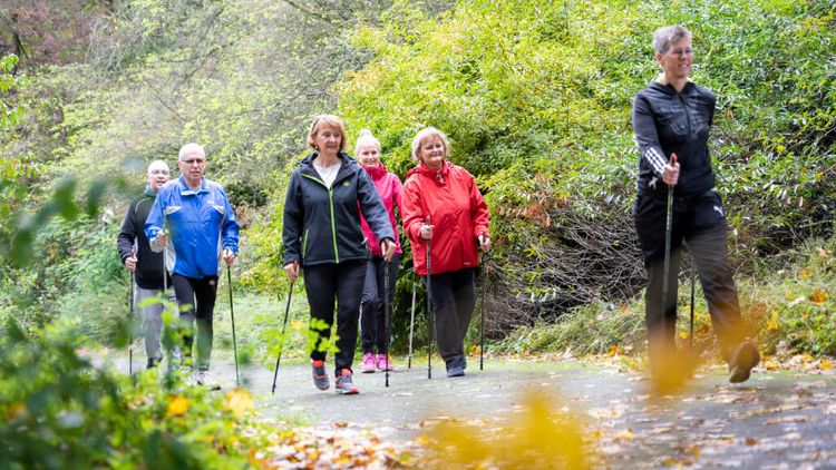 Patienten wandern mit Nordic Walking Stöcken durch den Wald